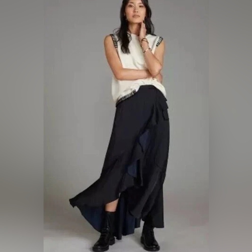 Maeve Anthropologie maxi skirt wrap style  black ruffle detail New With Tag S